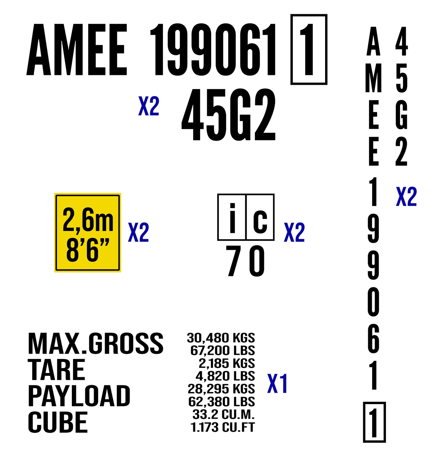 Complete Full Shipping Container Lettering Decal Sticker Signs | Container ID Numbers, MAX GROSS, TARE, PAYLOAD, CUBE, iC 70, Height Sign | Complete Package Set