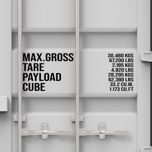 Custom Shipping Container MAX GROSS, TARE, PAYLOAD, CUBE Lettering Number Sticker Decal Sign